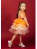 Elbow Sleeves Orange Velvet Ombre Tiered Tulle Flower Girl Dress